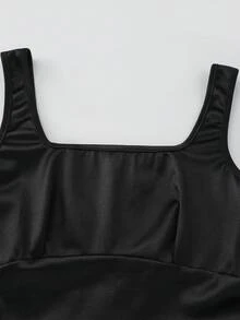 GlowEve Women's Elegant Pleated Waist Solid Color Square Neck Short Dress, Summer - Black - View 6