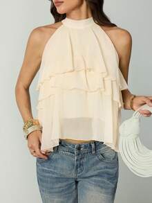 SHEIN Tall Women's Solid Color Ruffled Halter Casual Versatile Date Outing Shirt, Tall Women - Beige - View 6