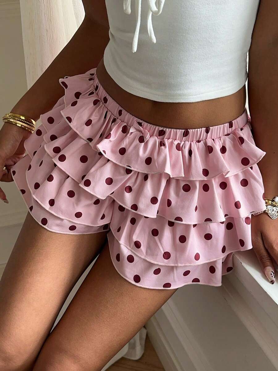 CovetEZ 女士波点多层荷叶边半身裙 - 粉色 - 查看 1