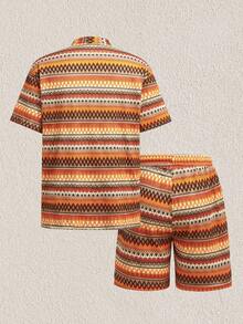 Mercer Haus Men's Multi-Color Wavy Knit Elastic Half-Open Collar Contrast Button Drawstring, Casual, Commuting, Street, Summer Beach 2-Piece Outfit - Orange - View 4