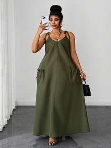 SHEIN CURVE+ Plus Size Spaghetti Strap Casual Lace-Up Solid Color Retro Elegant Dress - Army Green - View 6