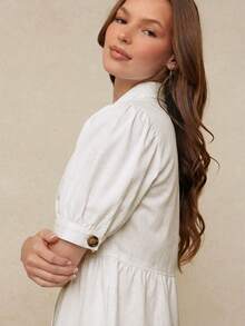 WESTFADE 翻领纽扣短袖荷叶边下摆棉混纺牛仔上衣，乡村西部风格，适合夏季牛仔女郎纳什维尔音乐会穿着 - 米色 - 查看 3