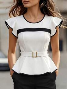 SHEIN Franclia Áo kiểu nữ thanh lịch phối màu tương phản, tay bồng, thắt lưng khóa kim loại, viền và gấu áo xếp ly đen trắng tương phản, phù hợp cho đi làm, hẹn hò hoặc dự tiệc. Điểm nổi bật của sản phẩm: Áo kiểu nữ phong cách thượng lưu phối màu tương phản, áo thun xếp ly eo duyên dáng, thiết kế tay bồng thời trang, áo kiểu phối đen trắng sang trọng, áo thun tôn dáng eo. - Đen và trắng - Xem 3