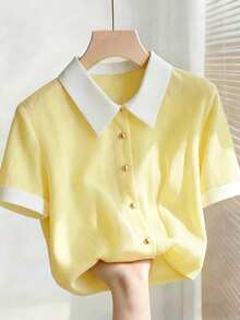 Franclia Áo kiểu nữ cỡ lớn màu hồng thanh lịch mới cho mùa hè, chất liệu chiffon, cổ trắng, dáng rộng, tay ngắn. Thích hợp cho mùa hè, lễ hội và các dịp nghỉ lễ. Đặc điểm nổi bật: cúc kim loại trang trí, kiểu dáng đa năng, cổ áo tương phản, dáng rộng, tay ngắn và vải xếp ly. Trang phục mùa tốt nghiệp, trang phục công sở thời trang, trang phục thường ngày năng động, trang phục chuyên nghiệp thành thị. - Màu vàng - Xem 1