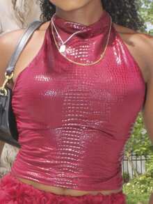 新款欧美风性感露背吊带无袖褶皱修身休闲短款上衣，适合街头、Y2K风格、派对、约会等场合。 - 酒紅色 - 查看 6