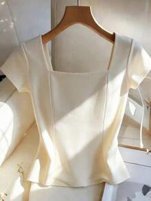Franclia Blusa de manga corta con cuello cuadrado, decoración de botones, de unicolor y uso diario para mujer de talla grande - Albaricoque - Ver 2