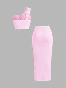 Sweetra Conjunto de 2 piezas con top corto con hombro asimétrico fruncido de unicolor y falda con cordón - Rosa - Ver 2