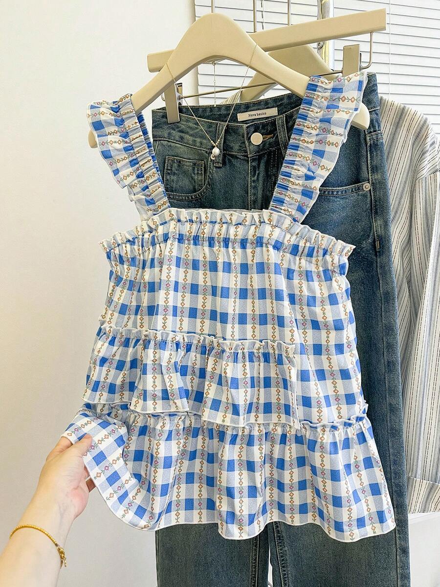Áo kiểu nữ kẻ caro viền bèo nhún dễ thương - Màu xanh lam - Xem 1