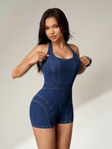 SHEIN FlexDen Bộ áo liền quần denim cổ yếm ôm sát thời trang dành cho nữ - Rửa tối - Xem 4