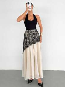 Siren Gaze Đầm maxi xòe bằng chiffon phối ren tương phản thanh lịch dành cho nữ - Màu be - Xem 8