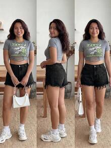 Enliva Karlangas.Toledo Plus Size Women Casual Distressed Washed Denim Shorts With Pockets, For Apple Rounded Body Shape, For Summer - Black - View 4