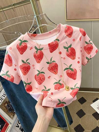 Summer Vibe Strawberry Digital Print Fitted Short Sleeve T-Shirt