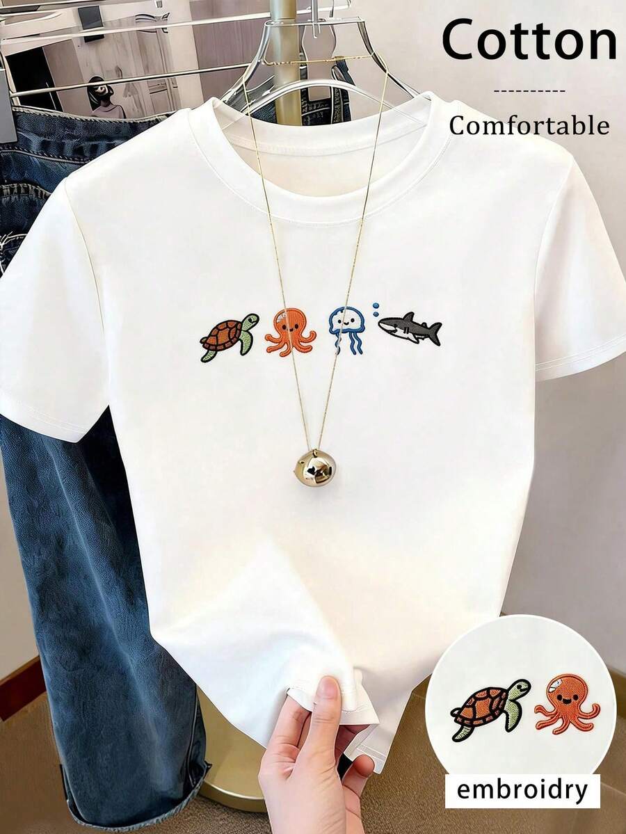 Resyla Camiseta de mujer bordada con criaturas marinas lindas - Blanco - Ver 1