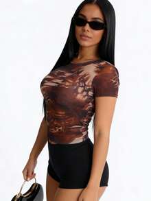 Zyxie 女士豹纹圆领短袖修身T恤 - 巧克力棕 - 查看 5