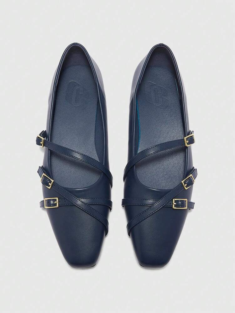 CUCCOO BIZCHIC Women Shoes Women's Square Toe Flat Bottom Dark Blue Multiple Strips With Low Vamp, Slip-On Stylish And Comfortable Mary Jane Shoes Daily Versatile Commuter Women's Flat Bottom Shoes Women's Shoes