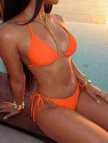 Slaydiva Bộ bikini gợi cảm cho kỳ nghỉ biển năm 2026 + Quần co giãn xếp ly độc đáo, Bộ 3 món gợi cảm, Bộ 3 món thanh lịch, Bộ 3 món cho kỳ nghỉ biển. - Màu Cam cháy - Xem 7