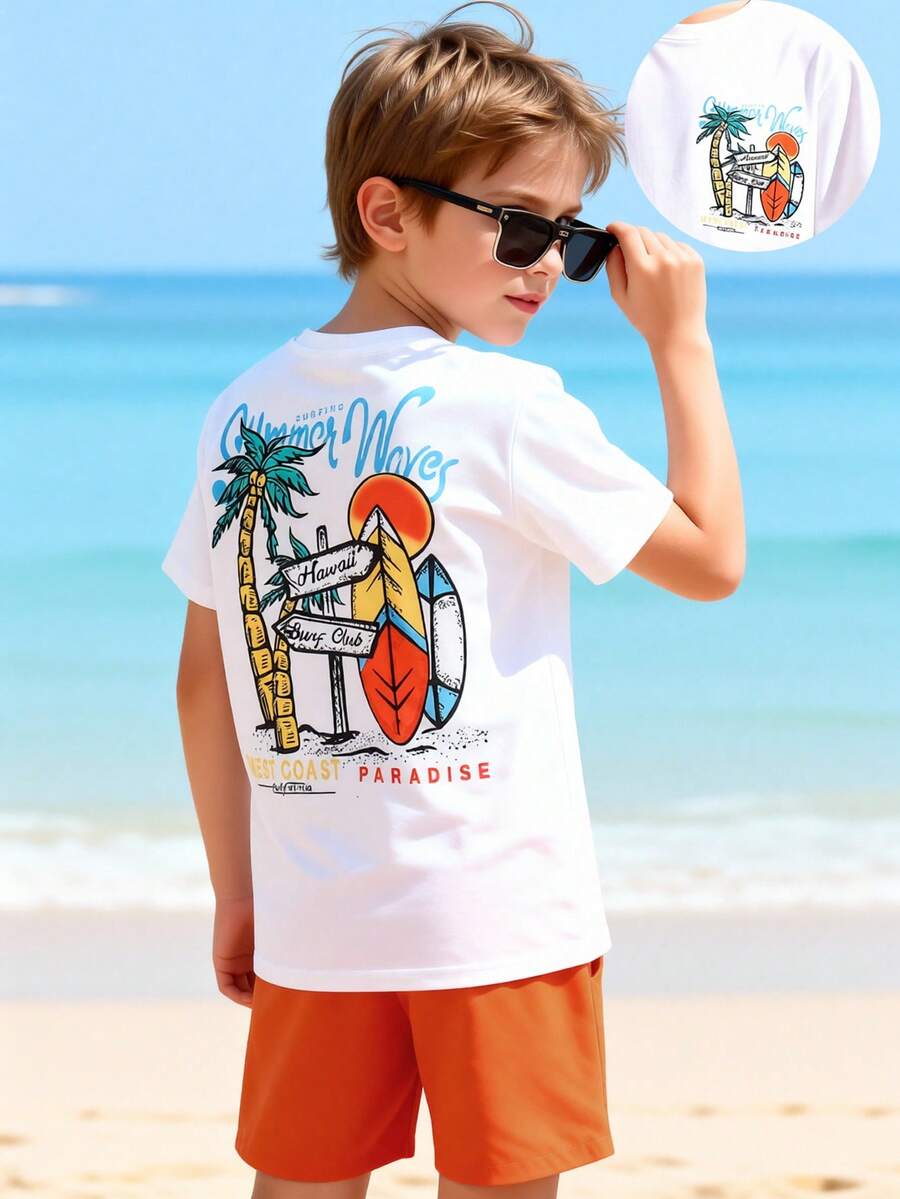 Setelan 2pcs/Set Kaos Lengan Pendek Motif Pohon Palem dan Celana Pendek Warna Polos untuk Anak Laki-laki, Pakaian Musim Panas Gaya Pulau untuk Akhir Pekan di Pantai, Liburan, Setelan Musim Panas untuk Anak Laki-laki - Jeruk - View 1