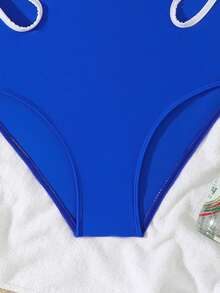 SHEIN Nouveau maillot de bain une pièce bleu marine unicolore avec côtés ajourés, convient aux adolescentes, à la plage, aux vacances d'été, aux fêtes de natation - bleu indigo - Voir 5