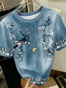 Resyla Women's Baby Blue Summer Chinese Style Digital Print T-Shirt,Chic Vintage Denim Blue Oriental Floral & Bird Crew Neck Tee,Casual Tea Party Top - Multicolor - View 5
