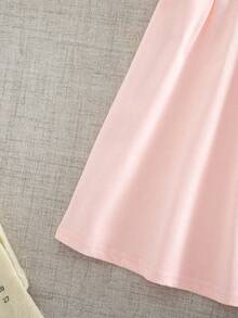 SHEIN Đầm bé gái dễ thương, đa năng, tối giản với cổ áo và tay áo bo gân, màu hồng thêu họa tiết xếp nếp, thích hợp mặc mùa hè. - Hồng - Xem 6