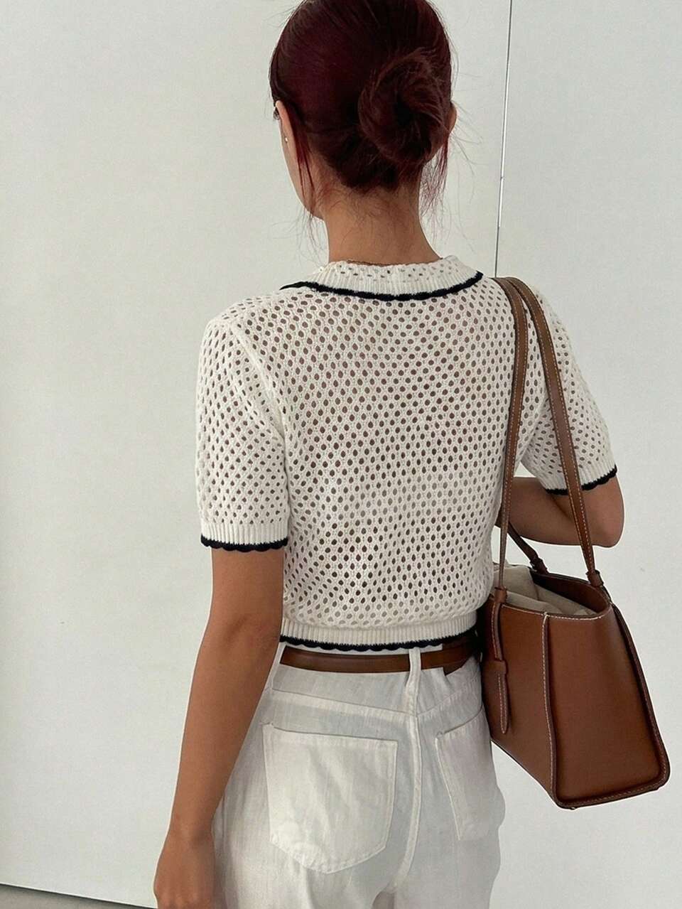 Women's Peter Pan Collar Loose White Patchwork Hollow Design Knit Top, Spring Summer Business Casual Sexy Woman Golf Vacation