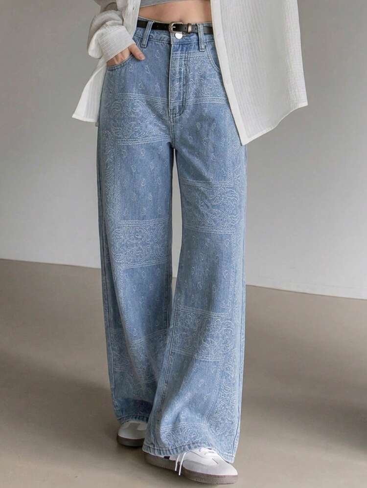 Women's Textured Pattern Print Loose Banana Jeans, Suitable For Spring And Summer Boho