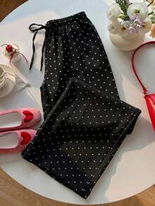 SHEIN EZwear 女士100%纯棉休闲度假风波点印花抽绳腰宽松阔腿裤 - 黑色 - 查看 7