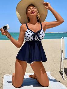 Swim Lushoire 女士波点印花系带吊带背心式泳衣套装，适合海滩和度假 - 彩色 - 查看 5