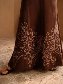 MOTF PREMIUM WOMEN'S HALTER WAIST EMBROIDERED LINEN FISHTAIL DRESS, SPRING/SUMMER - Coffee Brown - View 4