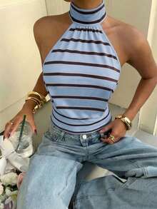 Muchica Women's Polka Dot Turtleneck Zipper Knit Camisole, Sleeveless, Minimalist Sexy Casual, Versatile For Daily Commute, Summer Top Night Out Light Blue - Multicolor - View 4