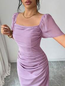 SHEIN Elenzya Square Neck Waist Cinched Elegant Romantic Refined Women's Dress, Short Sleeve - Mauve Purple - View 6