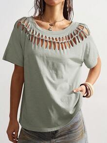 Bohemela Casual Solid Color Knit Round Neck Short Sleeve Distressed Loose Women T-Shirt,Summer Top - Mint Green - View 5