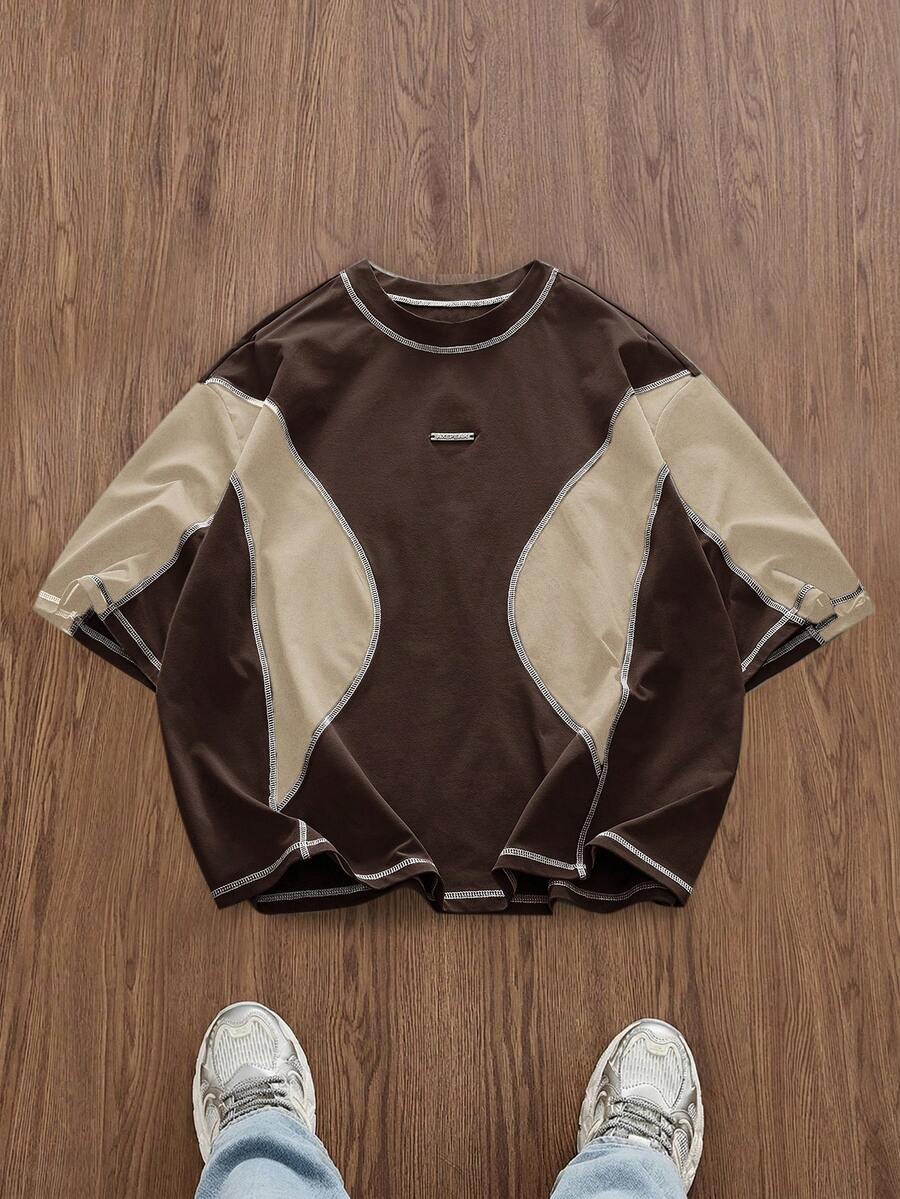 SWAVVY Contrast Color Round Neck Loose Fit Men's T-Shirt - Brown - View 1