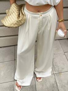 Dazy Plus Loose Fit Wide Leg Pants, Elegant Resort Wear, Apricot Color Versatile Plus Size Women Trousers, Spring/Summer - Apricot - View 2