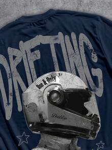 Manfinity ZONE917 Men's Letter Helmet & Figure Print Short Sleeve Casual T-Shirt - Blue - View 4
