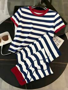 Regular Fit Crew Neck Short Sleeve T-Shirt + Straight Leg Pants With Slant Pockets - Multicolor - View 4