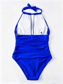 SHEIN Swim Áo tắm liền thân mùa hè dành cho nữ, màu trơn, xếp ly, hở lưng, buộc dây phía trước. - Xanh đậm - Xem 3