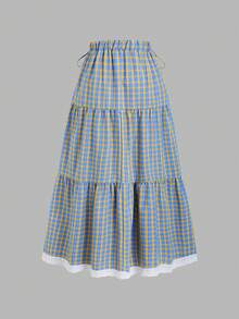 2026 Nuevo Falda elegante de dama fresca con diseño de cuadros franceses, estilo universitario vintage, dobladillo con patchwork, encaje dulce, decoración de lazo para primavera/otoño - Multicolor 2 - Ver 2