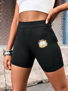 GARFIELD | SHEIN Women's Elastic Waist Casual Shorts, - Black - View 4