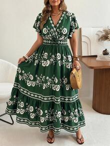 Ceyna Plus-Size Women's Summer Bohemian Business Casual Light Green Dress, Deep V-Neck With Ruffled Sleeves, Waist-Cinching A-Line Long Dress, Vacation - Multicolor - View 6