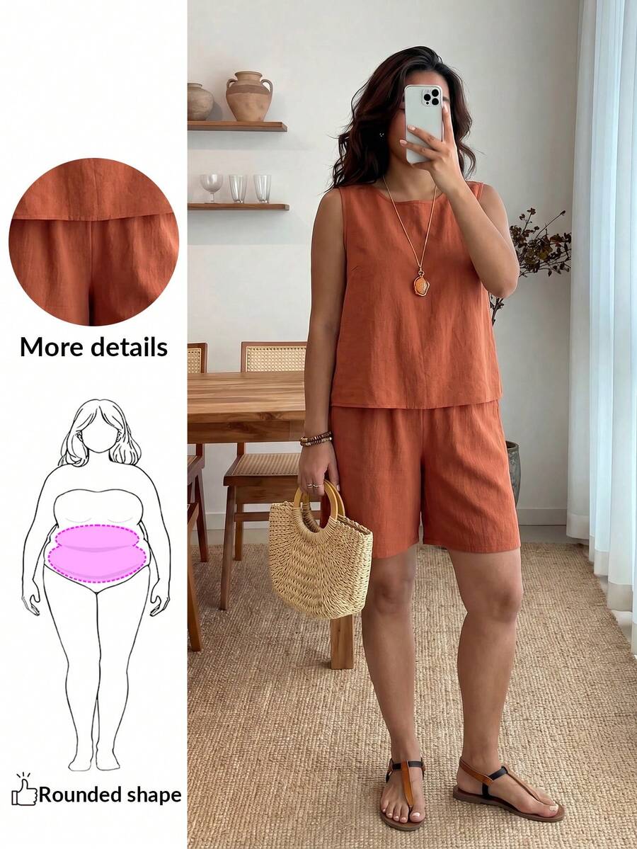 Enliva Bộ 2 áo ba lỗ không tay màu trơn cỡ lớn và quần short, thời trang tối giản phù hợp cho mùa hè - Màu Cam cháy - Xem 1
