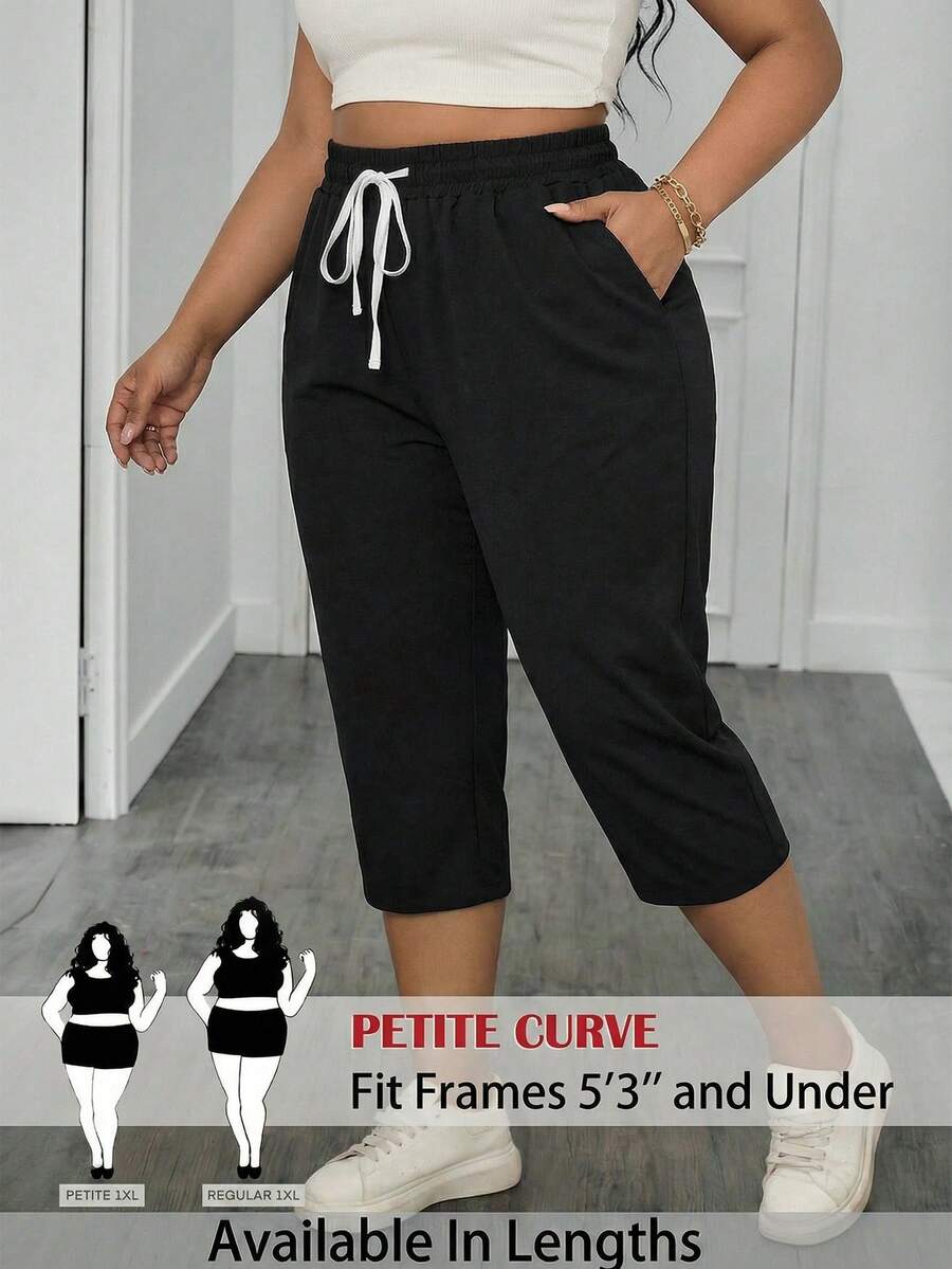 SHEIN PETITE CURVE Quần lửng cỡ lớn có túi chéo và dây rút ở eo