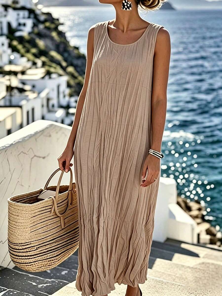 EMERY ROSE Pleated Round Neck Sleeveless Long Dress - Khaki - View 1