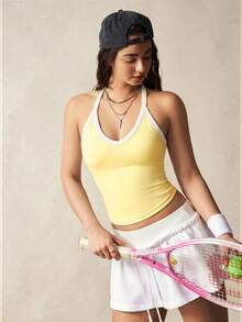 VARSIVA Áo tank top nữ mùa hè kiểu dáng thể thao thường ngày, viền tương phản, kiểu racerback, dáng ngắn. - Màu vàng - Xem 5