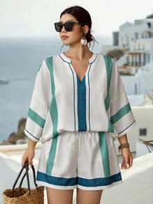 Parysyn 大码女式条纹V领上衣和短裤休闲两件套 - 杏色 - 查看 1