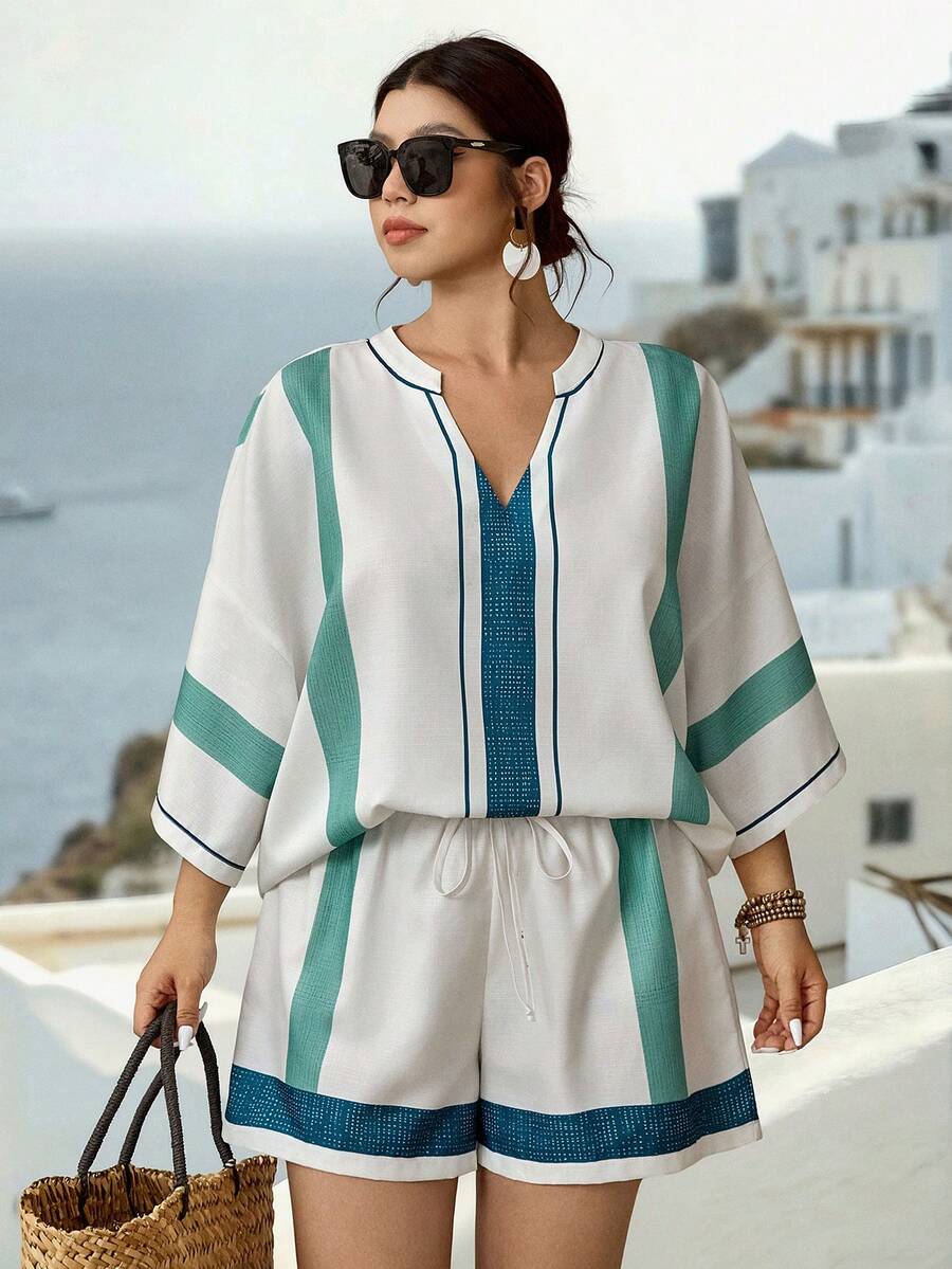 Parysyn 大码女式条纹V领上衣和短裤休闲两件套 - 杏色 - 查看 1