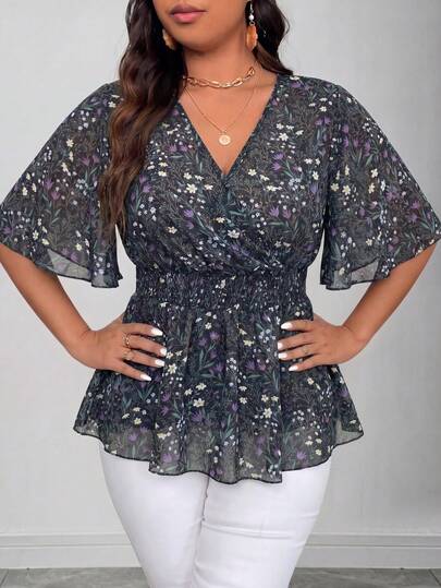 Vionelle Plus Size Spring/Summer New Ditsy Floral Chiffon Fabric V-Neck Ruched Waist Flared Sleeve Casual/Office Wear Short Sleeve Blouse For Women