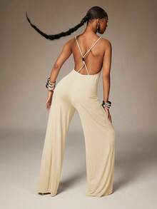 Denimoi Open Back Wide Leg Jumpsuit Sexy Jumpsuits X-Back Jumpsuits Vacation Ibiza European Summer - Apricot - View 4
