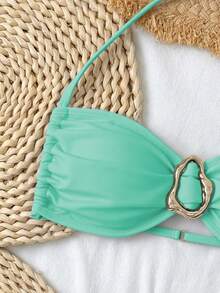 SHEIN 夏季新款少女泳装套装，简约个性百搭比基尼两件套，适合海滩泳池休闲度假，春夏款 - 綠色 - 查看 3
