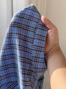 Comfortcana 春夏新款女式格子宽松短袖收腰衬衫，适合音乐节、酷炫、街头、复古、Y2K、休闲和校园风格。 - 藍色 - 查看 8